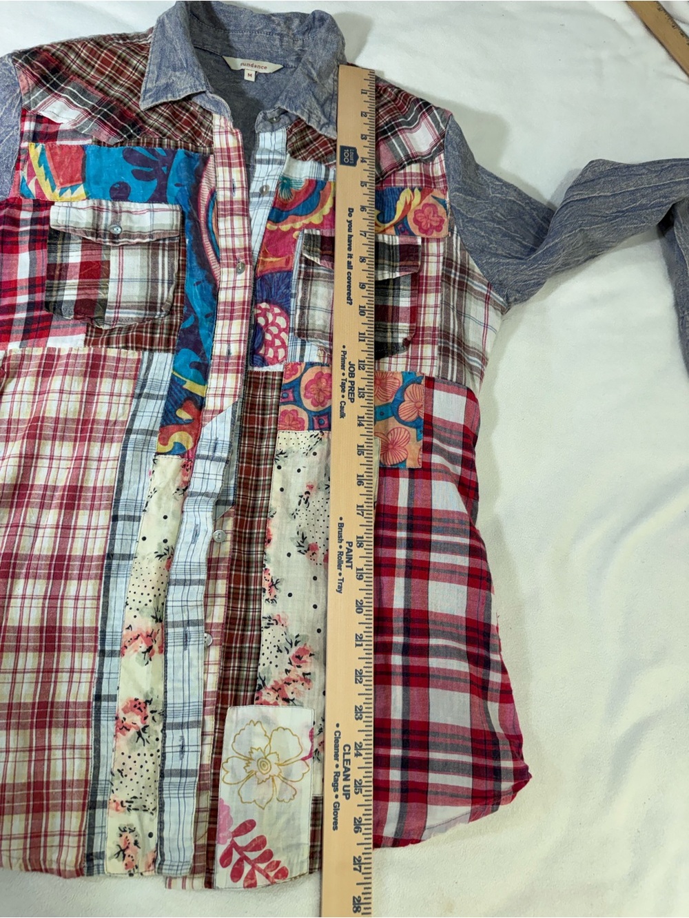 Sundance Medium Patchwork Plaid Floral Chambray Denim Button Down Boho Shirt - Picture 10 of 13